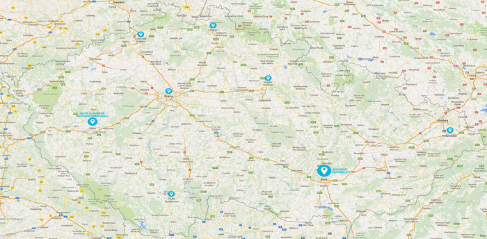 Mapa servisních středisek v ČR